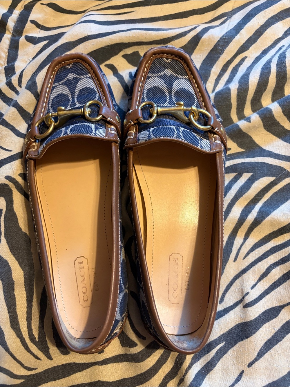 Coach Blue Canvas and Brown Leather Horsebit Loafers